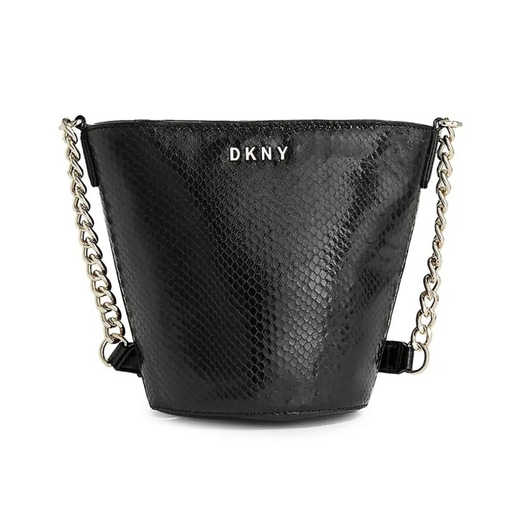 DKNY Snake Embossed Chain Leather Bucket Purse.
